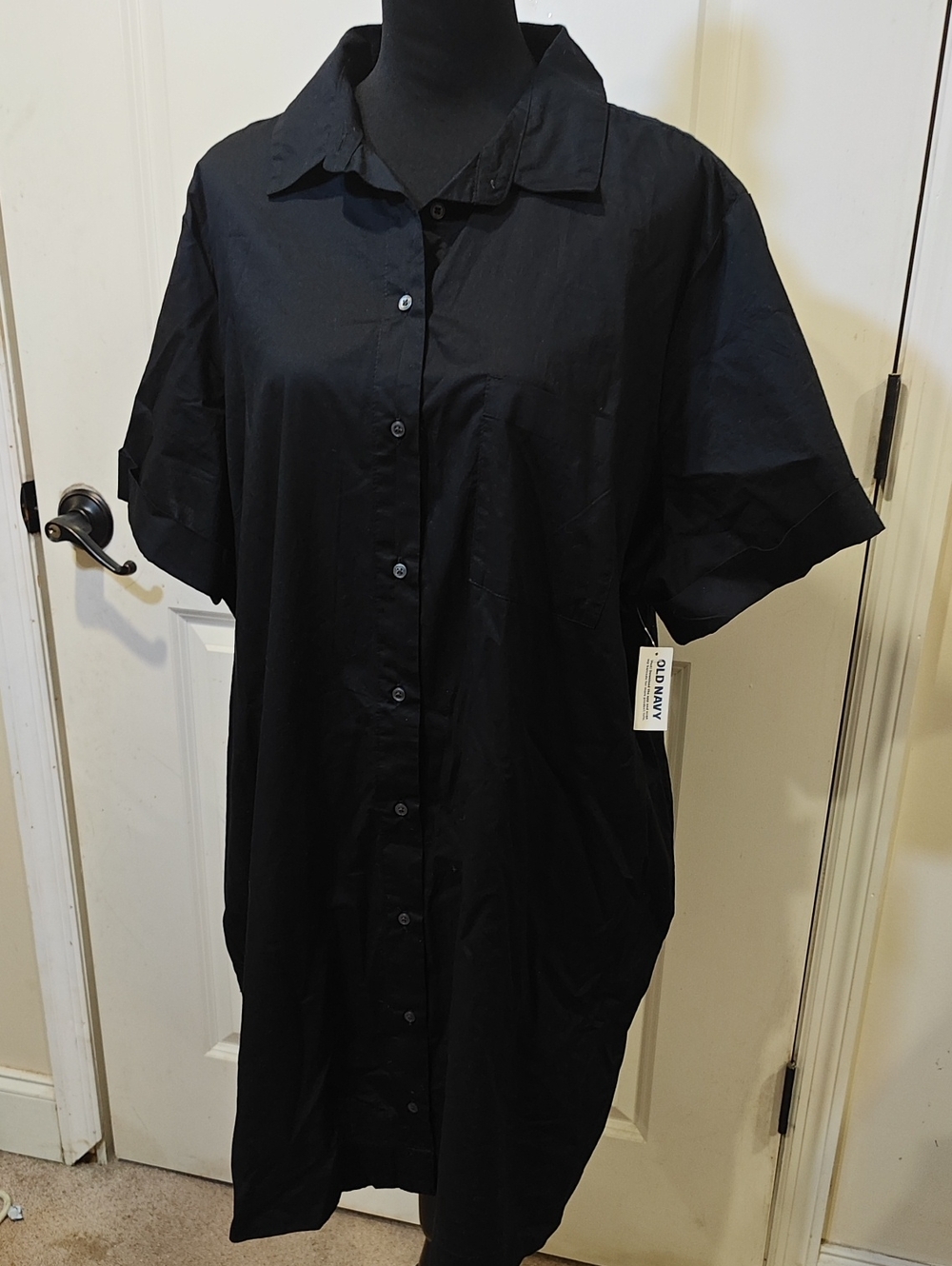 Old Navy Black Short-Sleeve Button-Down Shirt Dress Pockets